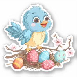 イースターエッグのある枝に青い鳥 シール