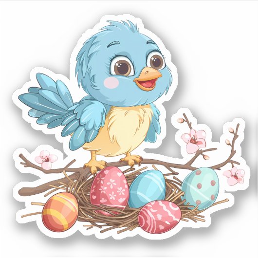 イースターエッグのある枝に青い鳥 シール (正面)