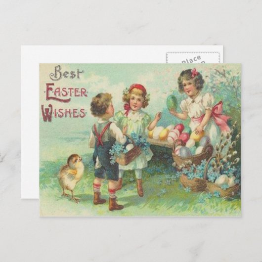 イースターエッグのイースターカードを持つヴィンテージの子供 シーズンポストカード (正面/裏面)