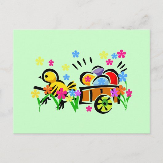 イースターエッグのカートのTシャツおよびギフトを持つひよこ シーズンポストカード (正面)
