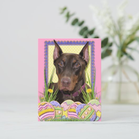 イースターエッグのクッキー-ドーベルマン犬 シーズンポストカード (スタンド正面)