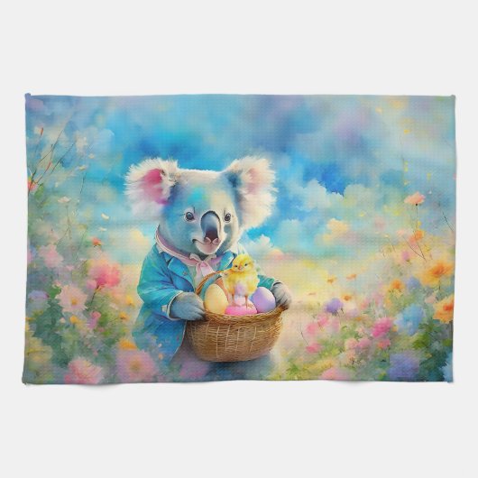 イースターエッグのバスケットを持つコアラ熊 キッチンタオル (横)