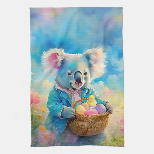 イースターエッグのバスケットを持つコアラ熊 キッチンタオル (縦)
