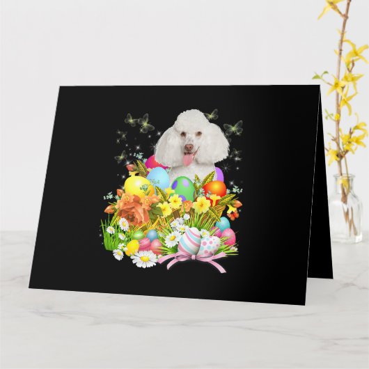 イースターエッグのバスケットcooと白いプードルバニー犬 カード (黄色い花)