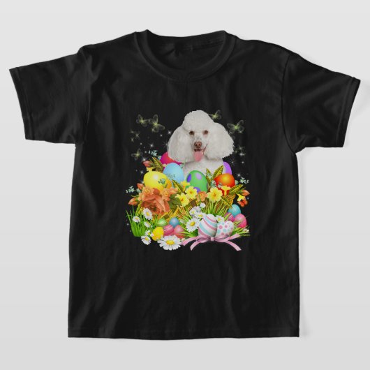 イースターエッグのバスケットcooと白いプードルバニー犬 tシャツ (レイダウン)