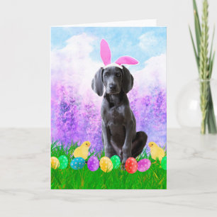 イースターエッグのバニーのひよこを持つWeimaraner犬 シーズンカード