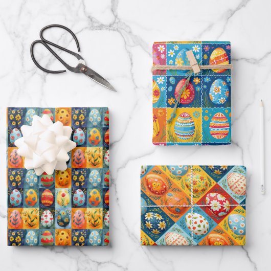 イースターエッグのパッチワークカラフル:ホリデーアート ラッピングペーパーシート (正面)