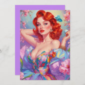 イースターエッグのピンクの花の赤毛ピンアップ シーズンカード (正面/裏面)