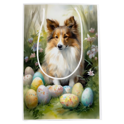 イースターエッグの休日とシェットランドシェプドッグ ミディアムペーパーバッグ (正面)