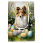 イースターエッグの休日とシェットランドシェプドッグ ミディアムペーパーバッグ (裏面)