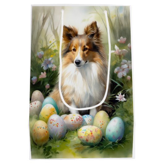 イースターエッグの休日とシェットランドシェプドッグ ミディアムペーパーバッグ (裏面)
