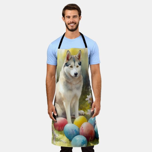 イースターエッグの休日とシベリアのハスキー犬 エプロン (着用した状態)