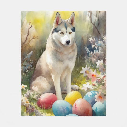 イースターエッグの休日とシベリアのハスキー犬 フリースブランケット (正面)