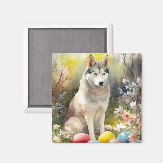 イースターエッグの休日とシベリアのハスキー犬 マグネット (正面/裏面)