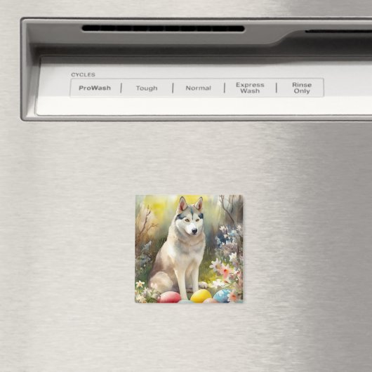 イースターエッグの休日とシベリアのハスキー犬 マグネット (インサイチュ (食洗機))