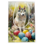 イースターエッグの休日とシベリアのハスキー犬 ミディアムペーパーバッグ (正面)