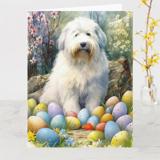 イースターエッグの休日と古い英語シェプドッグ カード (黄色い花)