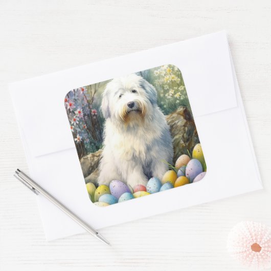 イースターエッグの休日と古い英語シェプドッグ スクエアシール (封筒)