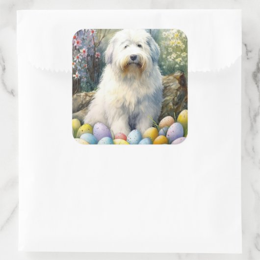 イースターエッグの休日と古い英語シェプドッグ スクエアシール (バッグ)