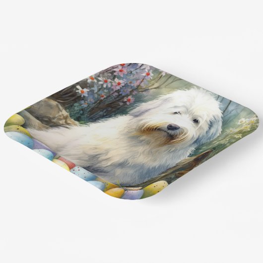 イースターエッグの休日と古い英語シェプドッグ ペーパープレート (傾斜あり)