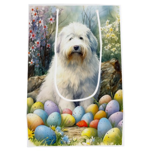 イースターエッグの休日と古い英語シェプドッグ ミディアムペーパーバッグ (裏面)