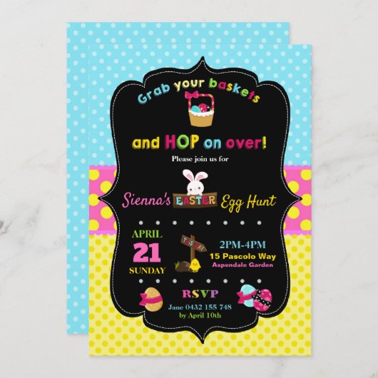 イースターエッグの狩りのパーティの招待状の女の子 招待状 (正面/裏面)