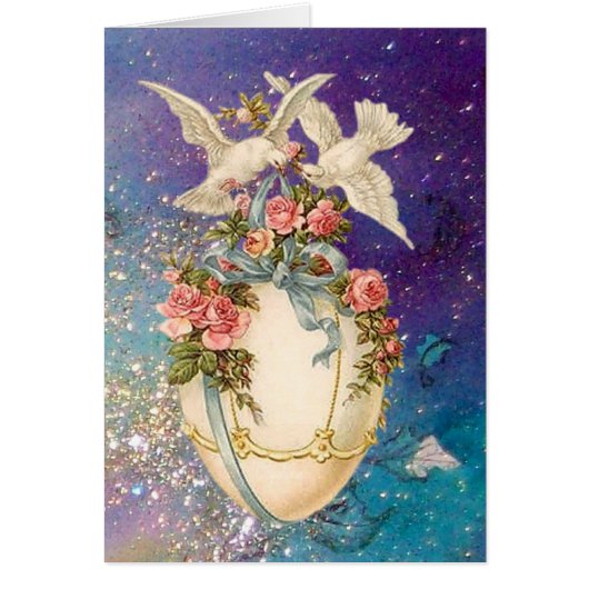 イースターエッグの白い鳩、ブルーボウ、ピンクのバラ (正面)