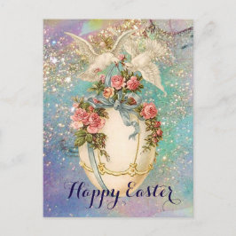 イースターエッグの白い鳩、ブルーボウ、ピンクのバラ シーズンポストカード