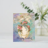 イースターエッグの白い鳩、ブルーボウ、ピンクのバラ シーズンポストカード (スタンド正面)