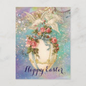 イースターエッグの白い鳩、ブルーボウ、ピンクのバラ シーズンポストカード (正面)