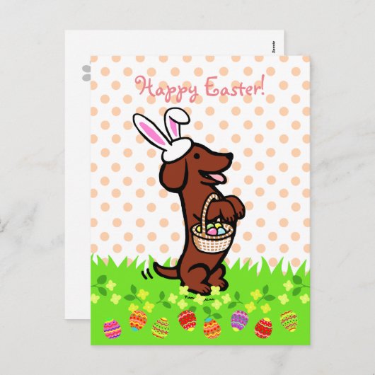 イースターエッグの赤く滑らかな髪のダックスフント シーズンポストカード (正面/裏面)