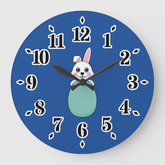 イースターエッグを持つかわいい白いバニー ラージ壁時計 (正面)