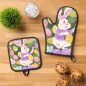 イースターエッグを持つバニー 鍋つかみ&鍋敷きセット (トップダウン)