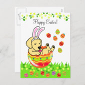 イースターエッグイエローラブラドール子犬の漫画 シーズンポストカード (正面/裏面)