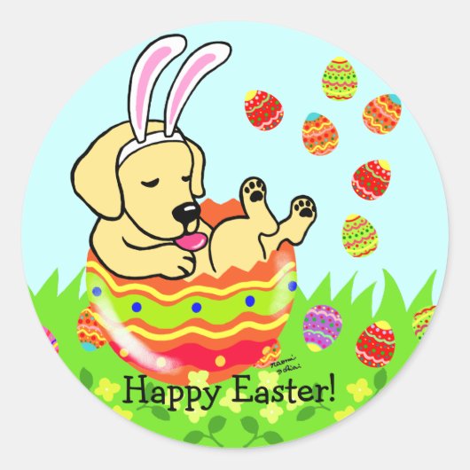 イースターエッグイエローラブラドール子犬の漫画 ラウンドシール (正面)