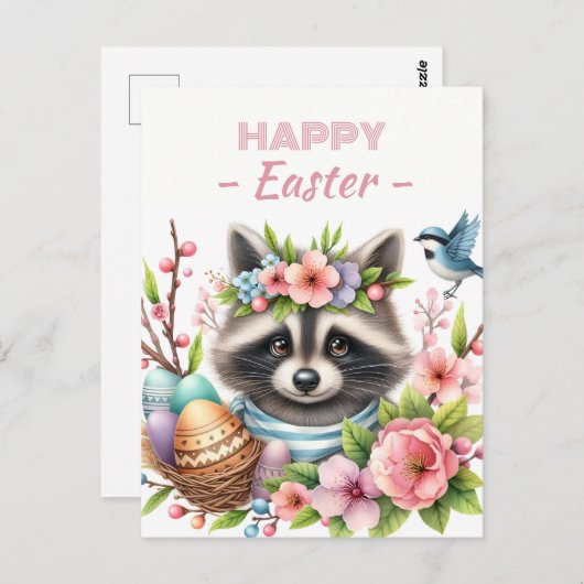 イースターエッグウォーターカラーラクーンさくらんぼの花 ポストカード (正面/裏面)