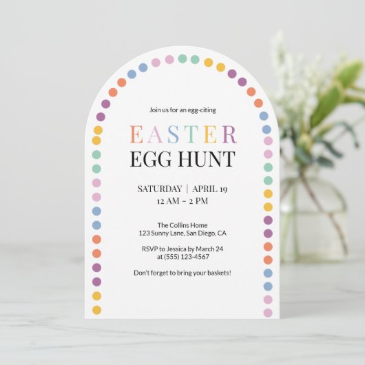 イースターエッグカラフル狩りモダンアーチイエローキュート 招待状 (スタンド正面)