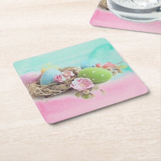 イースターエッグコースターウォーターカラーパステルレトロ スクエアペーパーコースター (アングル)