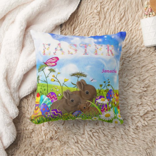 イースターエッグスプリングタイムデイジーバニーファミリー クッション (ブランケット)