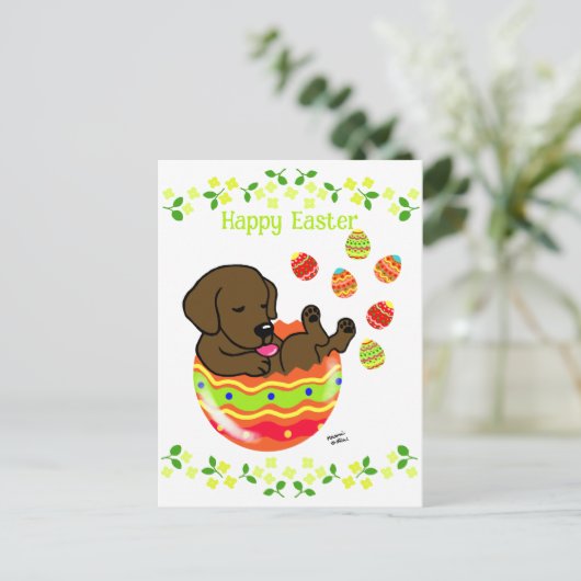 イースターエッグチョコレートラブラドール子犬の花 シーズンポストカード (スタンド正面)