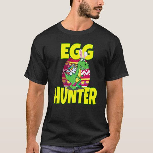 イースターエッグハンターユニコーン乗馬レックス恐竜 Tシャツ (正面)