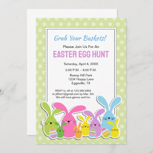 イースターエッグハントとウサギの招待状 招待状 (正面/裏面)
