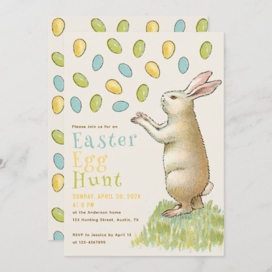 イースターエッグハントのウサギの可愛いイラスト 招待状 (正面/裏面)