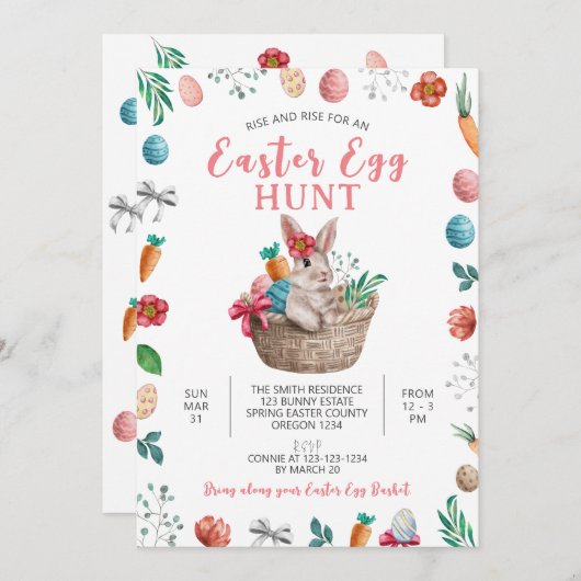 イースターエッグハントパーティー 春のイースターバニー 招待状 (正面/裏面)