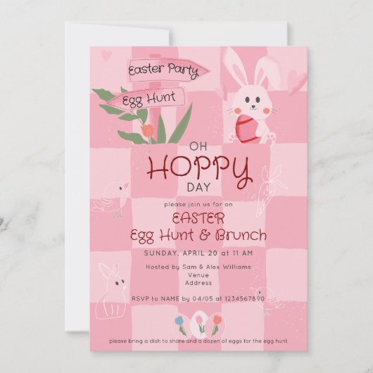 イースターエッグハントランチ かわいいピンクの水彩うさぎ 招待状 (正面)