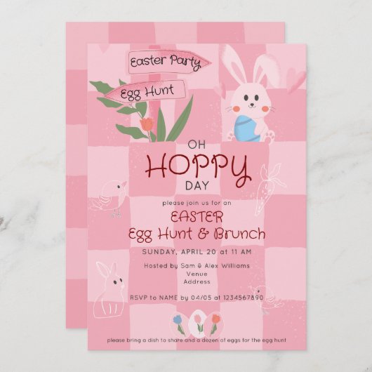 イースターエッグハントランチ かわいい青 水彩うさぎ 招待状 (正面/裏面)