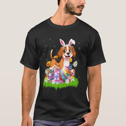 イースターエッグハント ウサギの耳 犬 イースターの日曜日 Tシャツ (正面)