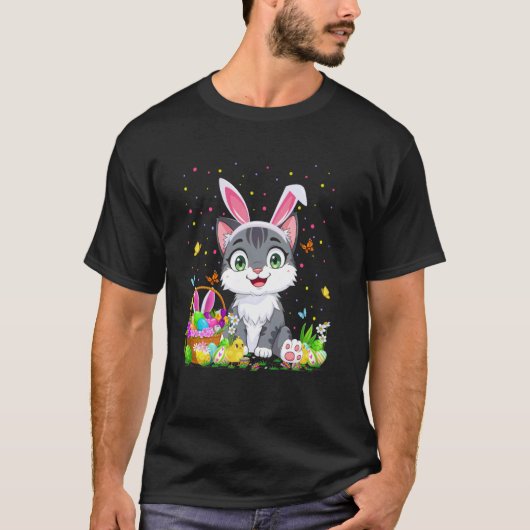 イースターエッグハント ウサギの耳 猫 ネコ かわいいイースター Tシャツ (正面)