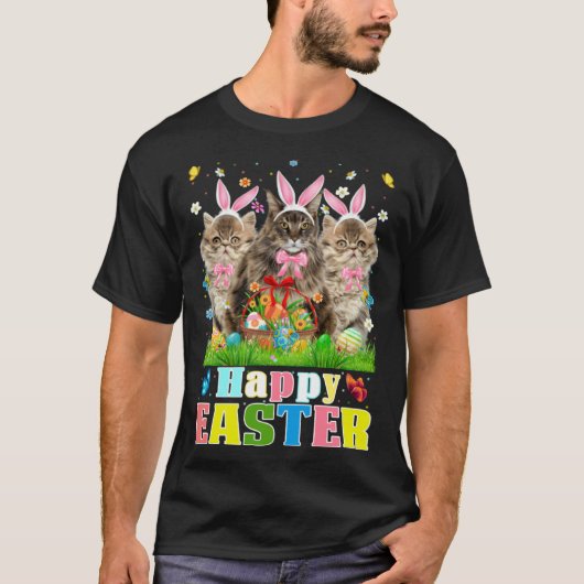 イースターエッグバスケットと三匹のウサギペルシャ猫 イースター Tシャツ (正面)