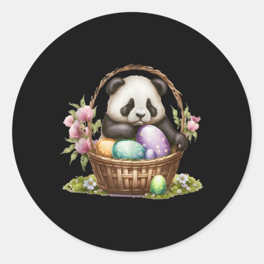 イースターエッグバスケットに座るパンダのクマをテーマ ラウンドシール (正面)